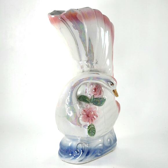 Vintage Iridescent Ceramic Swan Vase – Pink & Blue Floral Mid-Century Planter - Picture 3 of 6